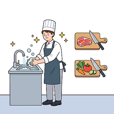 손 남자 음식 채소 일러스트 주방용품 육류 요리 물 주방 요리사 칼 세척 요리중 손씻기 나무도마 식기세척 식사준비 식품안전의날 국내일러스트 AI파일 자연요소 직업 기념일 생활용품 식재료 모션 도마 사람 목재 신체부위 씻기 준비 파일형식 벡터
