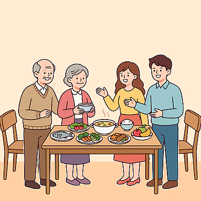 여자 할아버지 남자 할머니 음식 일러스트 가족 탁자 반찬 웃음 식사 즐거움 식품안전의날 국내일러스트 AI파일 기념일 노년 감정 가구 관계 표정 사람 파일형식 벡터