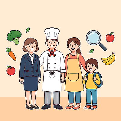 남자 어린이 음식 일러스트 재료 가족 엄마 함께함 바나나 건강 요리 주방 요리사 당근 아빠 사과 브로콜리 영양 식품안전의날 국내일러스트 AI파일 직업 기념일 컨셉 채소 과일 관계 뿌리채소 사람 파일형식 벡터 이벤트