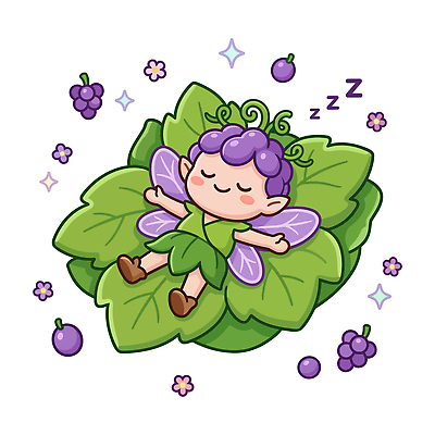 캐릭터 꽃 어린이 잎 일러스트 포도 요정 귀여움 잠 국내일러스트 AI파일 식물 컨셉 과일 사람 파일형식 벡터
