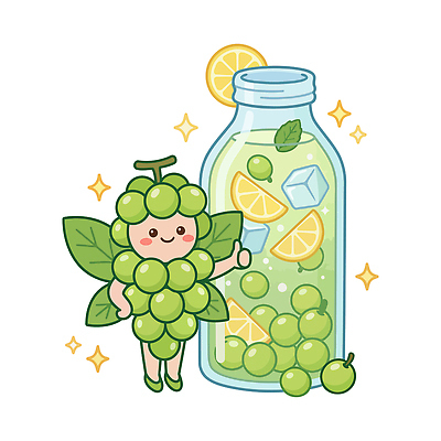캐릭터 음료 과일 일러스트 포도 요정 초록색 얼음 레몬 레모네이드 청포도 국내일러스트 AI파일 자연요소 컬러 에이드 파일형식 벡터