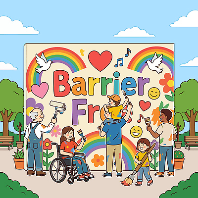 손 공원 예술 벽 일러스트 가족 협력 미소 여러명 친구 자유 색칠 즐거움 휠체어 그림 배리어프리 국내일러스트 AI파일 공공시설 감정 다수 컨셉 관계 표정 사람 신체부위 파일형식 벡터