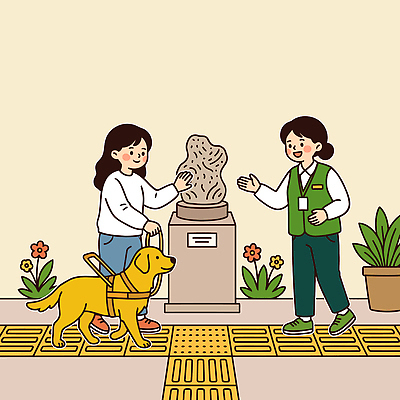식물 동물 손 공원 여자 꽃 길 일러스트 대화 사람 조각상 돌 도움 관람 시각장애인 안내견 배리어프리 국내일러스트 AI파일 공공시설 컨셉 말하기 신체부위 조형물 개 장애인 파일형식 벡터