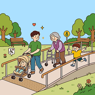 나무 공원 할머니 어린이 벤치 일러스트 가족 손잡이 일상 생활 걷기 계단 산책 아빠 유모차 놀기 배리어프리 국내일러스트 AI파일 식물 공공시설 여자 노년 의자 관계 모션 휴식 사람 라이프 아기용품 파일형식 벡터