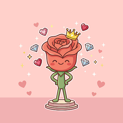 캐릭터 분홍색 일러스트 왕관 웃음 장미 하트 다이아몬드 꽃캐릭터 일러캐릭터 AI파일 모양 꽃 컬러 표정 보석 파일형식 벡터