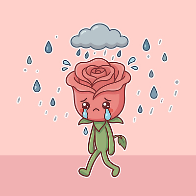 캐릭터 분홍색 일러스트 장미 걷기 슬픔 비 눈물 먹구름 꽃캐릭터 일러캐릭터 AI파일 자연요소 꽃 감정 컬러 모션 날씨 파일형식 벡터 구름_자연