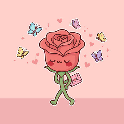 캐릭터 꽃 나비 일러스트 사랑 장미 걷기 편지 꽃캐릭터 일러캐릭터 AI파일 식물 감정 곤충 모션 파일형식 벡터