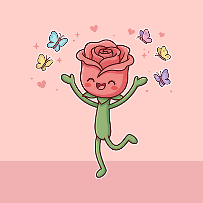 캐릭터 행복 분홍색 나비 일러스트 웃음 장미 춤 즐거움 꽃캐릭터 일러캐릭터 AI파일 꽃 감정 컬러 곤충 문화예술 표정 파일형식 벡터