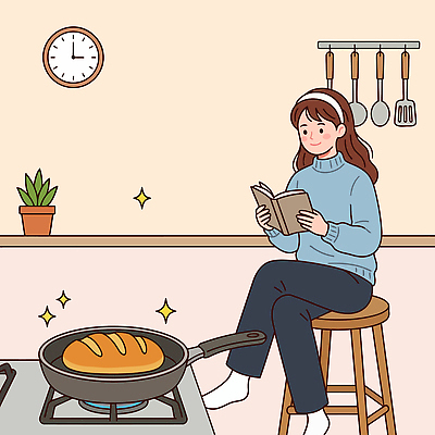 여자 빵 시계 의자 일러스트 주방용품 휴식 요리 생활 책 주방 굽기 즐거움 요리중 국내일러스트 AI파일 감정 음식 가구 생활용품 컨셉 모션 사람 구이 파일형식 벡터 오브젝트