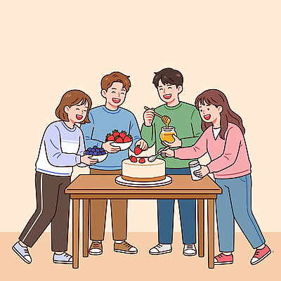 기념일 과일 일러스트 모션 탁자 함께함 요리 웃음 여러명 친구 파티 케이크 모임 생일 즐거움 만들기 나누기 맛있는 국내일러스트 AI파일 감정 가구 다수 컨셉 관계 디저트 표정 사람 이벤트 파일형식 벡터