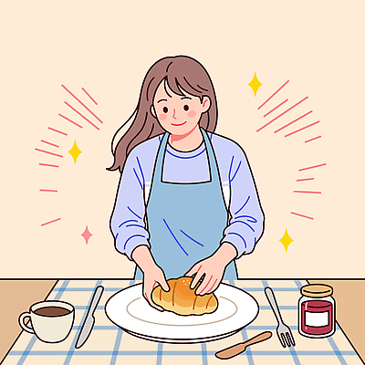 라이프스타일 식기 접시 여자 커피 음식 일러스트 탁자 아침 요리 일상 식사 잼 준비 조리대 소금빵 국내일러스트 AI파일 주간 음료 빵 가구 사람 라이프 생활 소스 파일형식 벡터