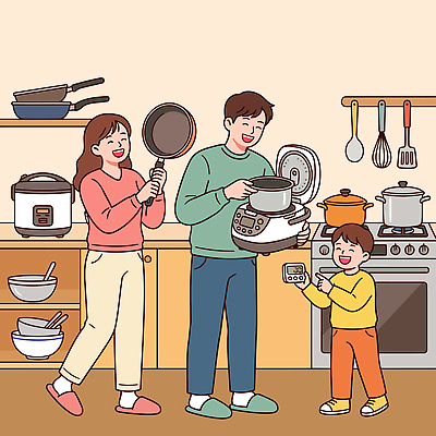 행복 어린이 일러스트 가족 주방용품 함께함 요리 일상 부모 주방 자녀 전기밥솥 국내일러스트 AI파일 감정 생활용품 컨셉 관계 사람 라이프 가전제품 파일형식 벡터 생활 오브젝트