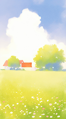 식물 계절 컨셉 건물 생태계 파일형식 AI콘텐츠 시골 초원 주택 나무 하늘 풍경 자연 평화 여름 꽃 단순화된 JPG 국내일러스트 일러스트 AI일러스트