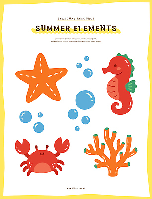 바다 일러스트 불가사리 여름 수중동물 게 산호 오브젝트 물거품 해마 엘리먼트 국내일러스트 AI파일 동물 계절 극피동물 갑각류 바다동물 거품 자포동물 파일형식 벡터