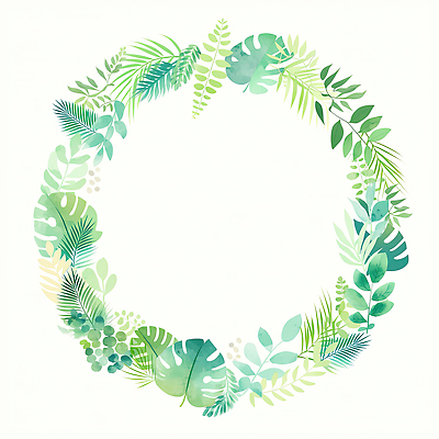 JPG 식물 포스터 잎 일러스트 수채화 프레임 따뜻함 초록색 인테리어 들꽃 원형 어플리케이션 열대식물 초상화 열대잎 트로피컬아트 국내일러스트 AI일러스트 AI콘텐츠 도형 디자인 꽃 컬러 그림 파일형식