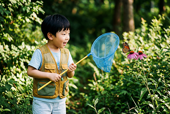 JPG 편집이미지 어린이 나비 자연 여름 탐험 체험 숲 즐거움 채집망 발견 편집실사 AI인물포토 AI콘텐츠 계절 감정 곤충 컨셉 사람 CG 생태계 파일형식 AI포토