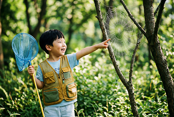 JPG 나무 편집이미지 어린이 자연 여름 탐험 관찰 체험 풀 숲 거미줄 즐거움 채집망 편집실사 AI인물포토 AI콘텐츠 식물 계절 감정 컨셉 모션 사람 CG 생태계 파일형식 AI포토