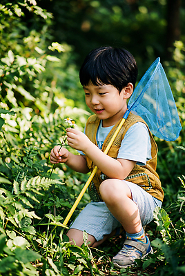 JPG 식물 편집이미지 꽃 어린이 자연 웃음 여름 탐험 체험 숲 즐거움 생태계 채집망 발견 편집실사 AI인물포토 AI콘텐츠 계절 감정 컨셉 표정 사람 CG 파일형식 AI포토