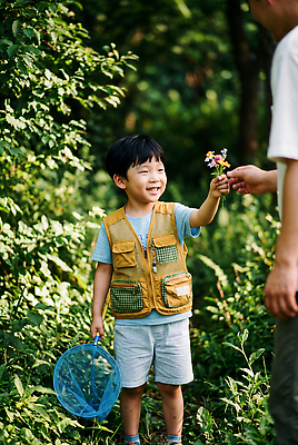JPG 편집이미지 꽃 어린이 가족 자연 웃음 소년 여름 소풍 탐험 조끼 체험 아빠 숲 채집망 편집실사 AI인물포토 AI콘텐츠 식물 계절 남자 컨셉 관계 표정 사람 야외활동 외투 CG 생태계 파일형식 AI포토
