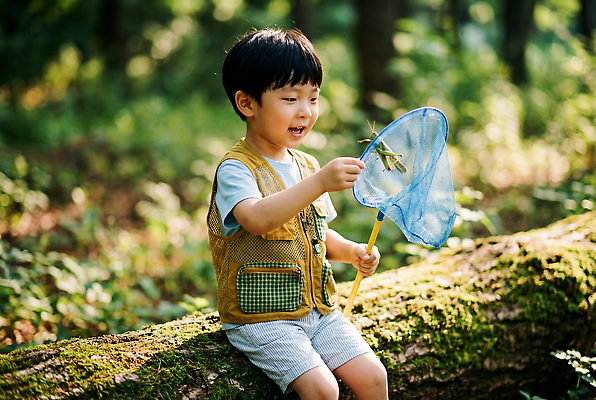 JPG 나무 편집이미지 어린이 자연 야외 여름 환경 탐험 도전 체험 풀 숲 즐거움 메뚜기 채집망 편집실사 AI인물포토 AI콘텐츠 식물 계절 감정 곤충 컨셉 사람 CG 생태계 파일형식 AI포토