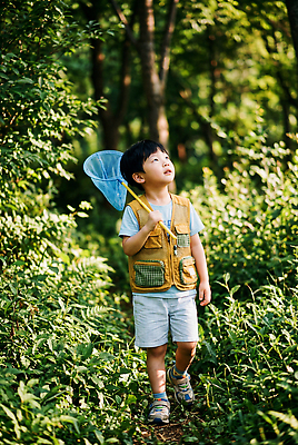 JPG 나무 편집이미지 어린이 자연 야외 여름 소풍 걷기 탐험 체험 풀 숲 채집망 편집실사 AI인물포토 AI콘텐츠 식물 계절 컨셉 모션 사람 야외활동 CG 생태계 파일형식 AI포토