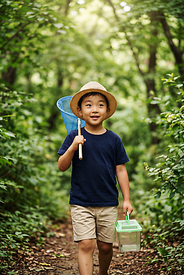 JPG 편집이미지 행복 어린이 자연 생물 소년 여름 산책 탐험 숲 곤충채집 탐색 채집망 발견 채집통 편집실사 AI인물포토 AI콘텐츠 계절 남자 감정 곤충 휴식 통 사람 수집 CG 생태계 파일형식 AI포토
