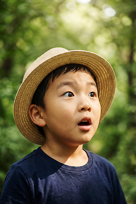 JPG 편집이미지 감정 어린이 자연 소년 야외 놀람 탐험 체험 풀 숲 호기심 발견 순간 편집실사 AI인물포토 AI콘텐츠 남자 컨셉 표정 사람 CG 생태계 파일형식 AI포토