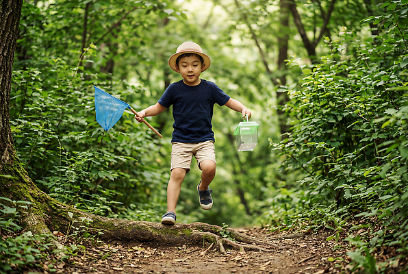 JPG 나무 편집이미지 길 어린이 자연 통 소년 달리기 흙 탐험 숲 수집 즐거움 채집망 채집통 편집실사 AI인물포토 AI콘텐츠 식물 남자 감정 모션 사람 CG 생태계 파일형식 AI포토