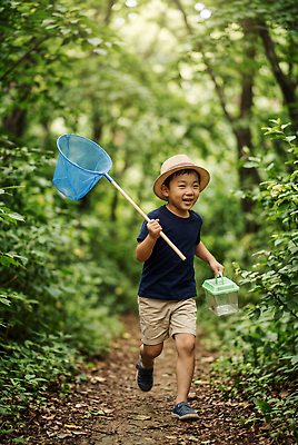 JPG 나무 편집이미지 어린이 자연 소년 여름 상자 달리기 탐험 숲 즐거움 채집망 채집통 편집실사 AI인물포토 AI콘텐츠 식물 계절 남자 감정 모션 통 사람 CG 생태계 파일형식 AI포토
