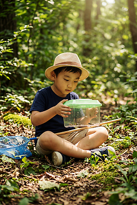 JPG 나무 편집이미지 어린이 자연 통 앉기 소년 여름 햇빛 환경 탐험 관찰 풀 숲 채집망 채집통 편집실사 AI인물포토 AI콘텐츠 식물 계절 남자 모션 사람 빛 CG 생태계 파일형식 AI포토