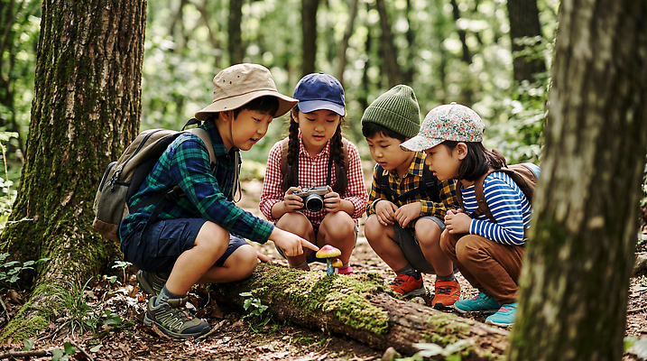 JPG 나무 편집이미지 어린이 자연 친구 학습 소풍 카메라 버섯 탐험 관찰 숲 즐거움 편집실사 AI인물포토 AI콘텐츠 식물 교육 감정 관계 모션 사람 전자제품 야외활동 CG 생태계 파일형식 AI포토