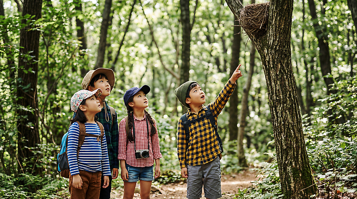JPG 나무 편집이미지 어린이 자연 놀이 이야기 친구 탐험 가리킴 관찰 둥지 숲 편집실사 AI인물포토 AI콘텐츠 식물 관계 모션 사람 손짓 CG 생태계 파일형식 AI포토