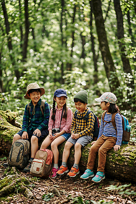 JPG 나무 편집이미지 어린이 자연 놀이 이야기 여름 친구 캠핑 탐험 숲 즐거움 편집실사 AI인물포토 AI콘텐츠 식물 계절 감정 관계 레저 사람 CG 생태계 파일형식 AI포토