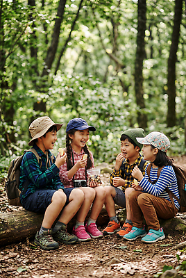 JPG 나무 편집이미지 어린이 자연 이야기 웃음 친구 과자 카메라 캠핑 모임 탐험 숲 편집실사 AI인물포토 AI콘텐츠 식물 관계 레저 디저트 표정 사람 전자제품 CG 생태계 파일형식 AI포토