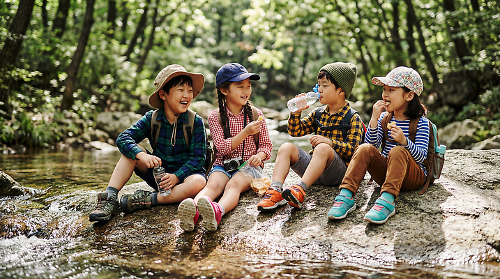 JPG 나무 편집이미지 어린이 자연 이야기 웃음 물 여름 친구 소풍 탐험 바위 숲 수분 놀기 편집실사 AI인물포토 AI콘텐츠 자연요소 식물 계절 관계 모션 표정 사람 야외활동 CG 생태계 파일형식 AI포토