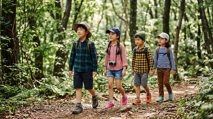 JPG 편집이미지 길 어린이 자연 여름 친구 걷기 하이킹 탐험 숲 편집실사 AI인물포토 AI콘텐츠 계절 관계 모션 레저 사람 CG 생태계 파일형식 AI포토