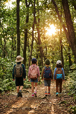 JPG 나무 편집이미지 어린이 자연 야외 여름 친구 걷기 일몰 탐험 숲 편집실사 AI인물포토 AI콘텐츠 식물 계절 관계 모션 사람 노을 CG 생태계 파일형식 AI포토