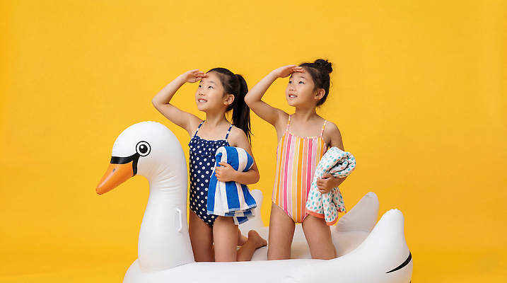 JPG 편집이미지 수영복 어린이 장난 놀이 소녀 여름 친구 수영 즐거움 백조 튜브 편집실사 AI인물포토 AI콘텐츠 옷 계절 여자 감정 관계 조류 사람 수상스포츠 CG 파일형식 AI포토