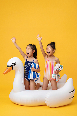 JPG 편집이미지 수영복 어린이 물놀이 놀이 웃음 소녀 여름 친구 수건 수영 즐거움 백조 튜브 노란배경 오리튜브 편집실사 AI인물포토 AI콘텐츠 옷 계절 여자 감정 백그라운드 관계 조류 표정 사람 위생용품 노란색 수상스포츠 CG 파일형식 AI포토