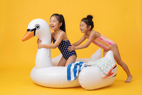 JPG 편집이미지 수영복 어린이 물놀이 놀이 웃음 여름 친구 즐거움 백조 튜브 거위 편집실사 AI인물포토 AI콘텐츠 옷 계절 감정 관계 조류 표정 사람 CG 파일형식 AI포토