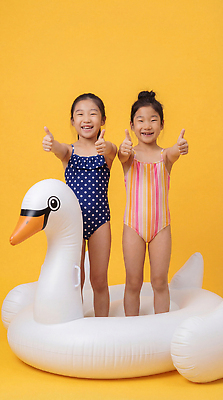 JPG 편집이미지 수영복 어린이 가족 물놀이 놀이 웃음 여름 친구 즐거움 백조 튜브 오리튜브 편집실사 AI인물포토 AI콘텐츠 옷 계절 감정 관계 조류 표정 사람 CG 파일형식 AI포토