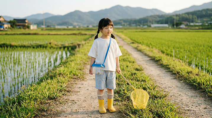 JPG 편집이미지 어린이 자연 놀이 산 논 소녀 여름 햇빛 탐험 농촌 즐거움 채집망 밭길 편집실사 AI인물포토 AI콘텐츠 계절 여자 감정 길 밭 농업 사람 빛 시골 CG 생태계 파일형식 AI포토