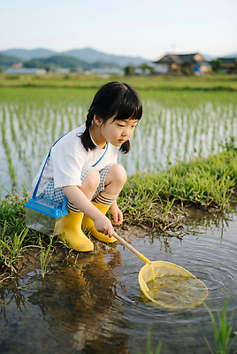 JPG 편집이미지 어린이 자연 놀이 산 논 소녀 물 여름 햇빛 농촌 풀 탐색 채집망 오후 채집통 편집실사 AI인물포토 AI콘텐츠 자연요소 계절 여자 농업 통 사람 빛 시골 CG 생태계 파일형식 AI포토