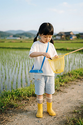 JPG 편집이미지 어린이 곤충 모션 자연 논 소녀 여름 농촌 잡기 채집망 사슴벌레 채집통 편집실사 AI인물포토 AI콘텐츠 동물 계절 여자 농업 통 사람 시골 CG 생태계 파일형식 AI포토