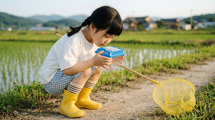 JPG 편집이미지 어린이 곤충 모션 자연 소녀 여름 탐험 농촌 시골 관찰 수집 채집망 논밭 편집실사 AI인물포토 AI콘텐츠 동물 계절 여자 밭 논 사람 CG 생태계 파일형식 AI포토