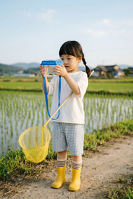 JPG 편집이미지 어린이 모션 자연 방학 논 소녀 여름 농촌 시골 잡기 채집망 채집통 편집실사 AI인물포토 AI콘텐츠 계절 여자 농업 휴가 통 사람 CG 생태계 파일형식 AI포토