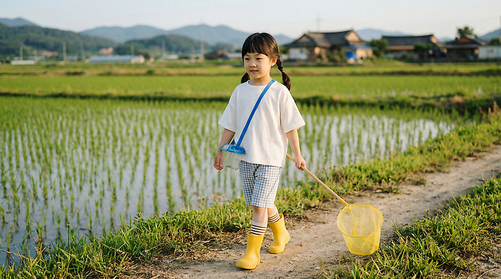 JPG 편집이미지 농업 모션 자연 산 논 장화 풍경 소녀 걷기 농촌 풀 채집망 청명 편집실사 AI인물포토 AI콘텐츠 여자 산업 어린이 신발 시골 CG 생태계 파일형식 AI포토