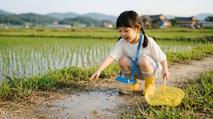 JPG 편집이미지 어린이 농업 모션 자연 놀이 논 장화 소녀 초원 물 여름 농촌 시골 아기 잡기 채집망 편집실사 AI인물포토 AI콘텐츠 자연요소 계절 여자 산업 신발 사람 CG 생태계 파일형식 AI포토