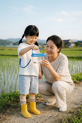 JPG 편집이미지 할머니 어린이 곤충 가족 모션 자연 논 웃음 소녀 여름 농촌 관찰 즐거움 채집통 편집실사 AI인물포토 AI콘텐츠 동물 계절 여자 노년 감정 농업 관계 통 표정 사람 시골 CG 생태계 파일형식 AI포토