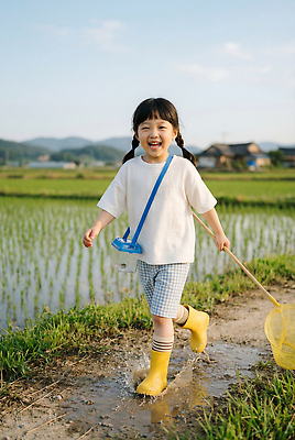 JPG 편집이미지 어린이 자연 하늘 웃음 소녀 여름 농작물 농촌 채집망 논밭 채집통 편집실사 AI인물포토 AI콘텐츠 계절 여자 밭 농업 논 통 표정 사람 시골 CG 생태계 파일형식 AI포토